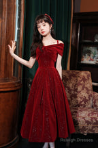 Cute Velvet Short A-Line Prom Dresses Burgundy Off The Shoulder Prom Dresses