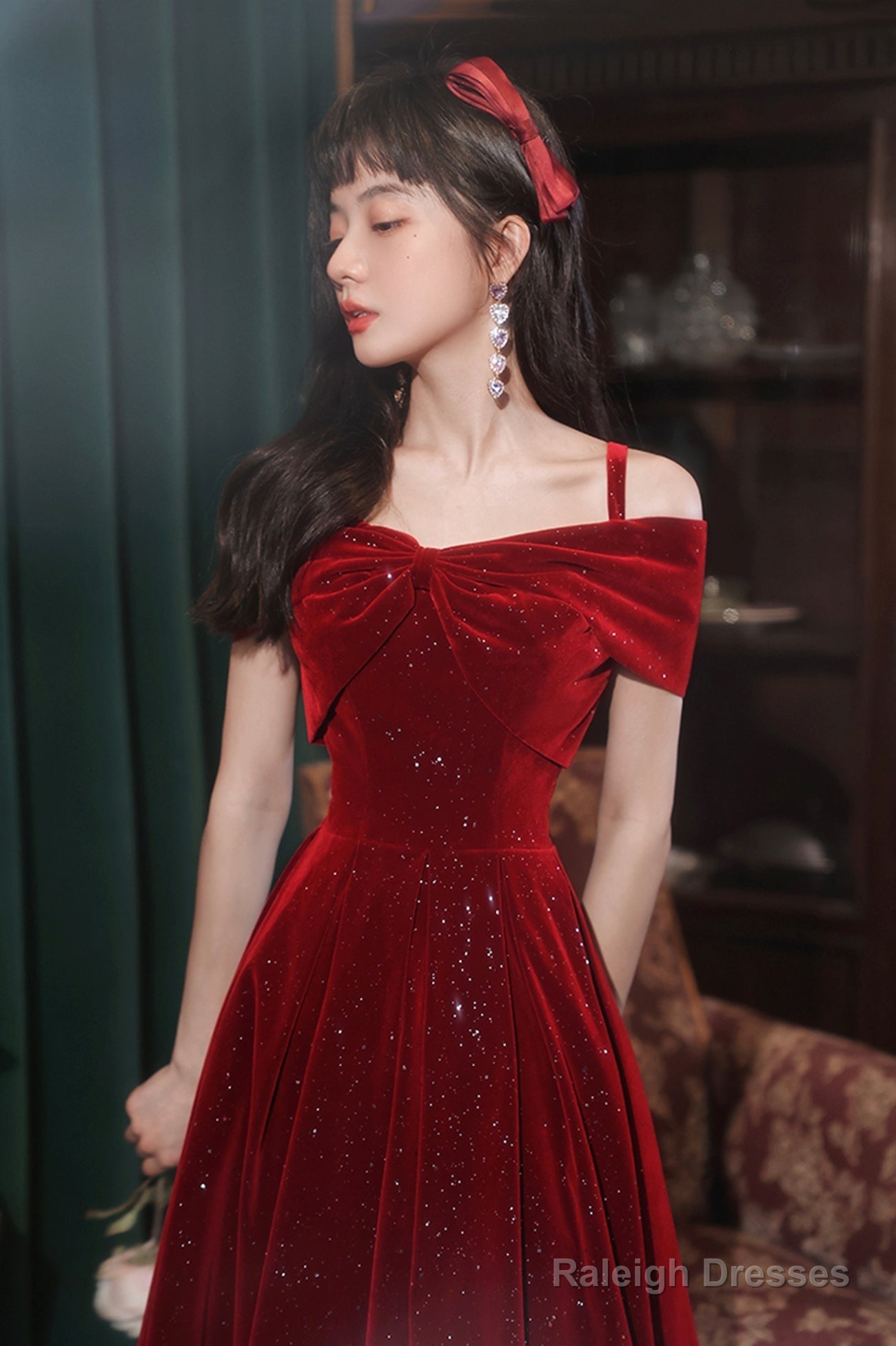 Cute Velvet Short A-Line Prom Dress, Burgundy Off The Shoulder Party Dress