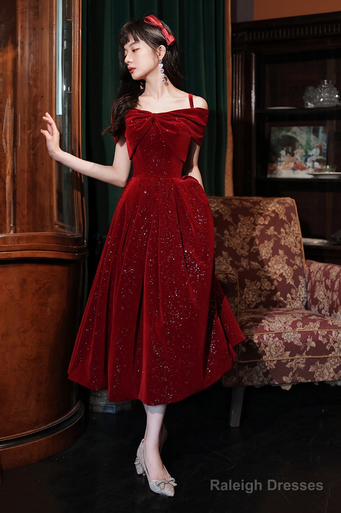 Cute Velvet Short A-Line Prom Dress, Burgundy Off The Shoulder Party Dress Main image