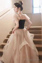 Cute Velvet Tulle Long Prom Dresses Beautiful Short Sleeve Prom Dresses