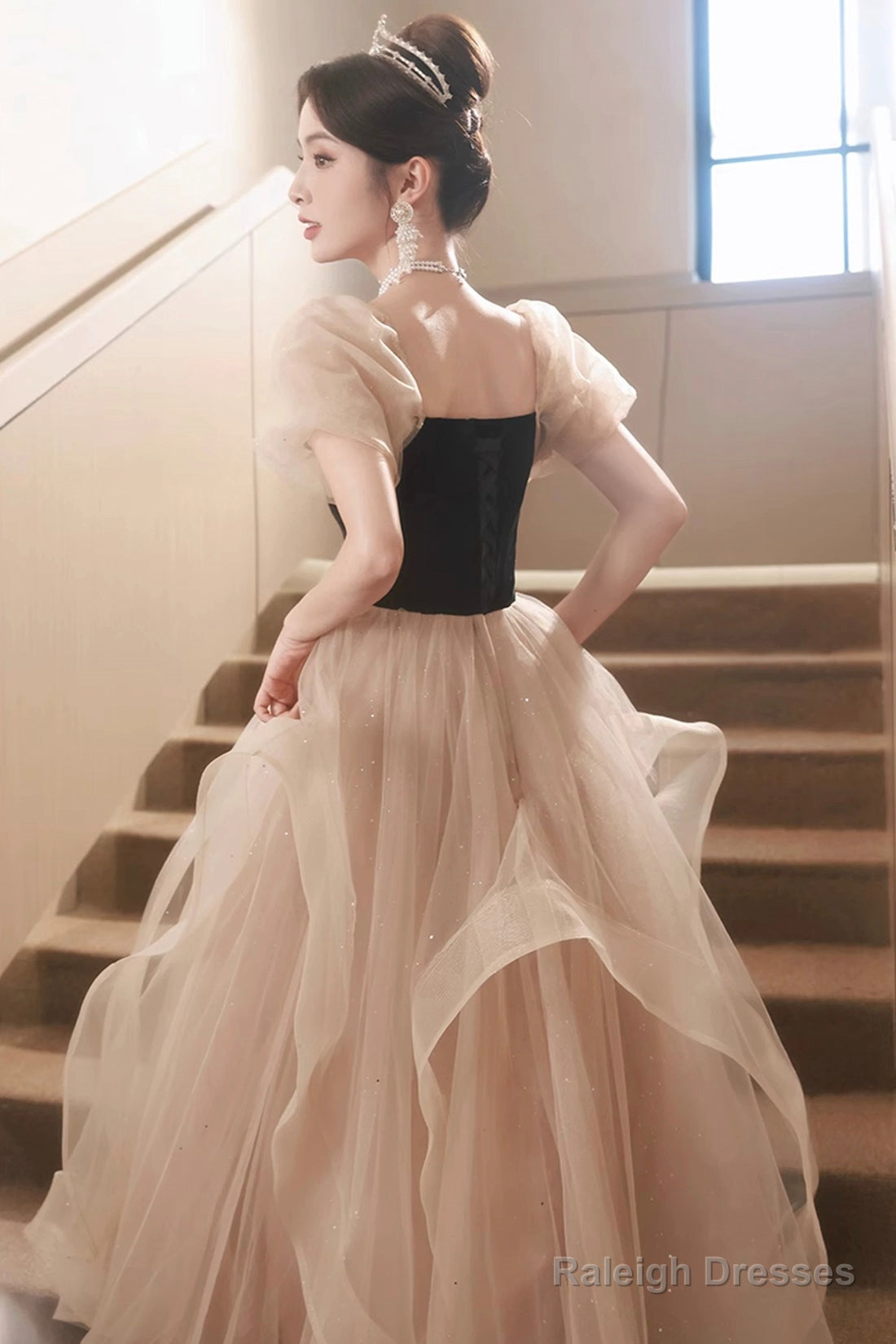 Cute Velvet Tulle Long Prom Dresses Beautiful Short Sleeve Prom Dresses