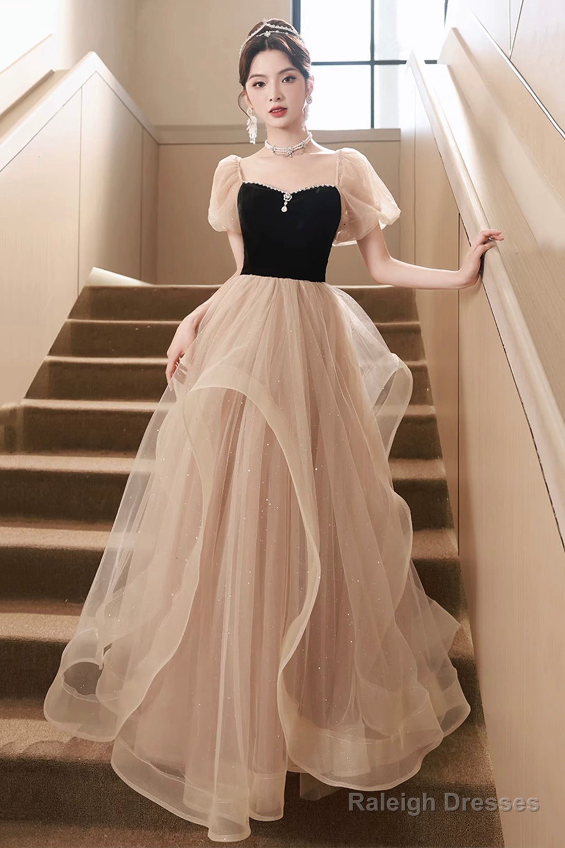 Cute Velvet Tulle Long Prom Dress, Beautiful Short Sleeve Evening Dress Main image