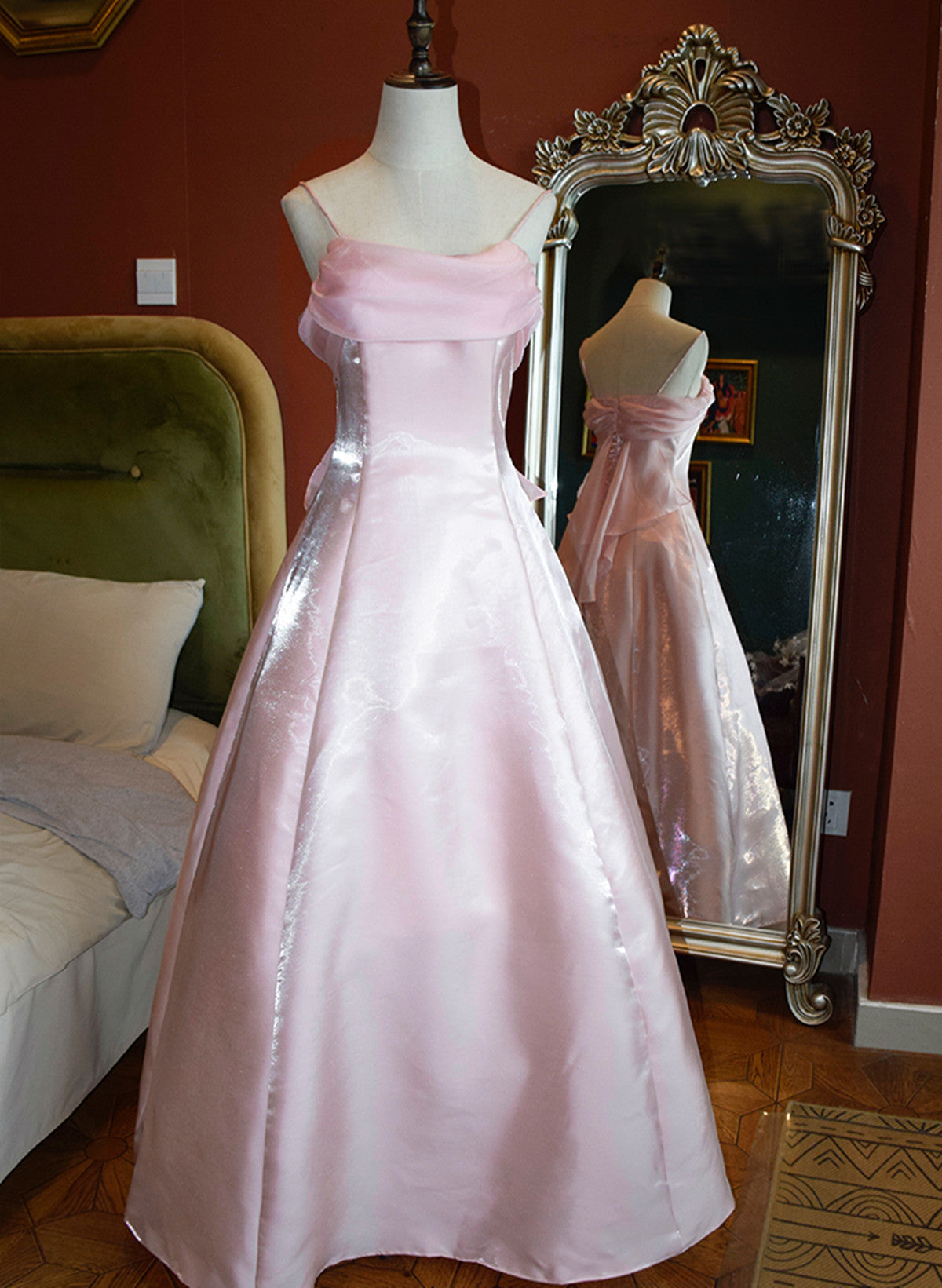 Cute Pink Long Satin Straps Long Prom Dresses A-Line Satin Prom Dresses Main image