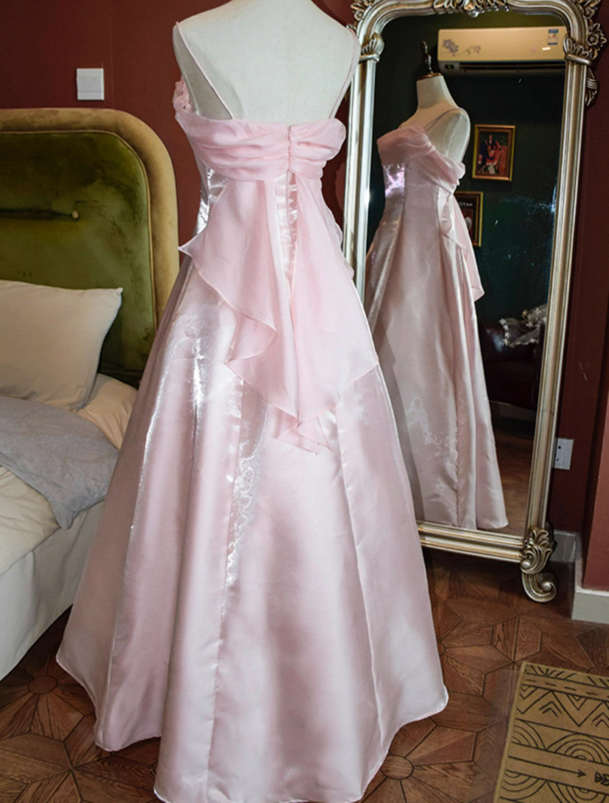 Cute Pink Long Satin Straps Long Prom Dresses A-Line Satin Prom Dresses Secondary image