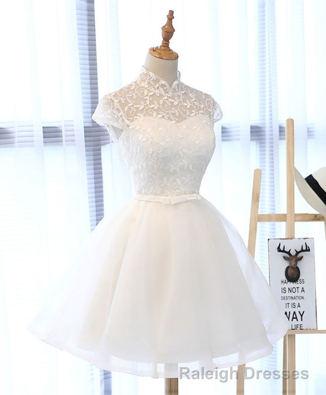 Cute White Lace Short Prom Dress, White Homecoming Dress