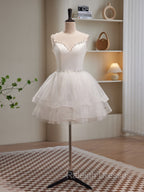 Cute White Short Tulle Beaded Graduation Dress, White Short Prom Dress Formal Dress