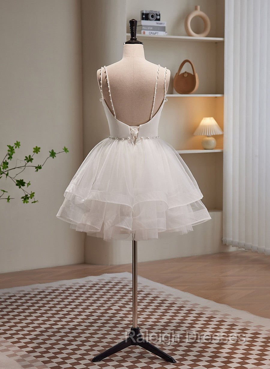 Cute White Short Tulle Beaded Graduation Dress, White Short Prom Dress Formal Dress