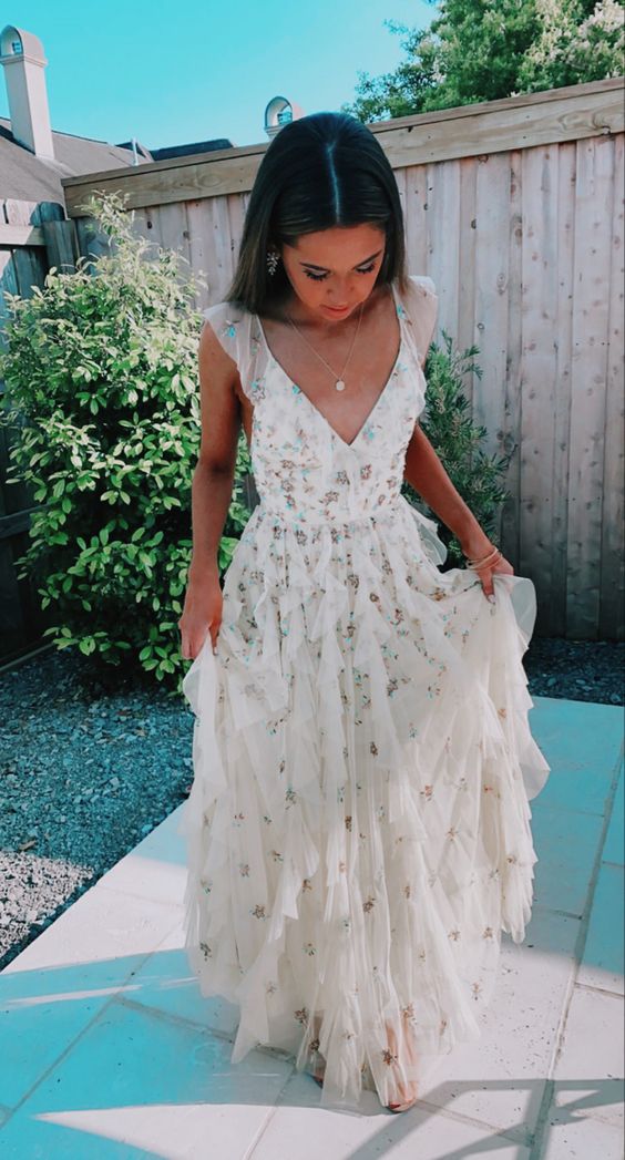 Cute White Starry Tulle Layers Ruffle Prom Dresses