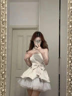 Cute White Strapless Bow Satin Tulle Mini 17Th Birthday Homecoming Dress
