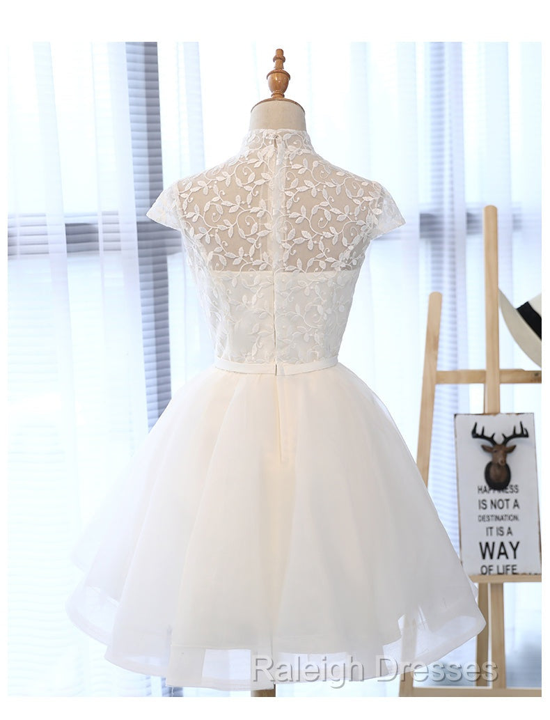 Cute White Tulle Short Lace Cap Sleeves Party Dress, White Homecoming Dress Secondary image