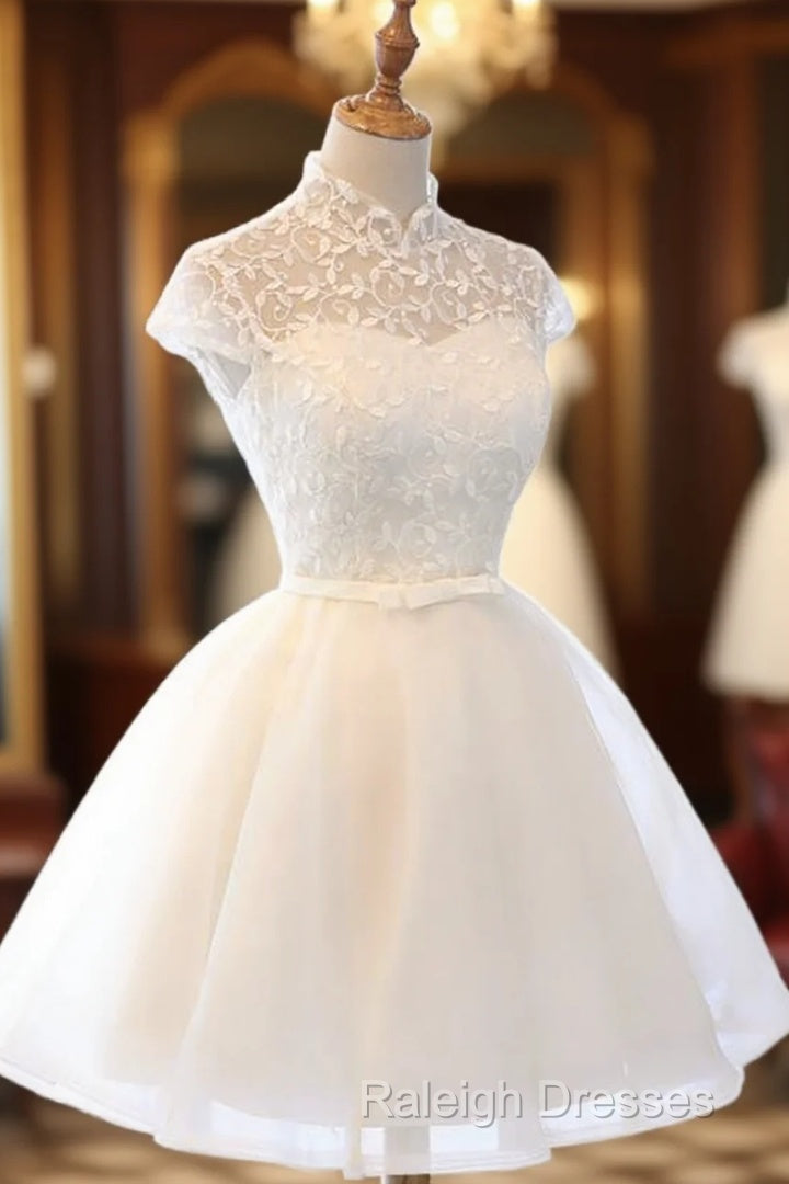 Cute White Tulle Short Lace Cap Sleeves Prom Dresses White Homecoming Dresses Main image