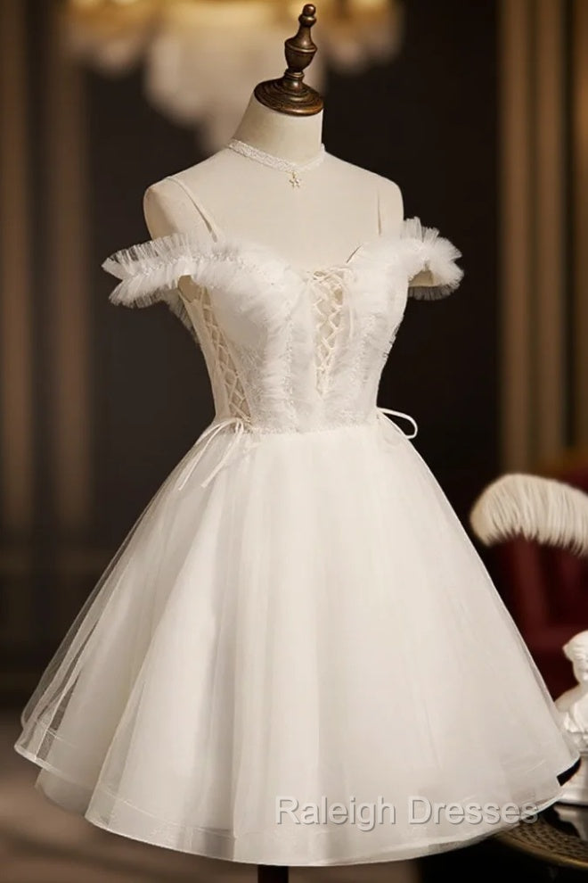 Cute White Tulle Short Party Dress with Lace, Off Shoulder Homecoming Dresses Main image