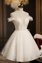 Cute White Tulle Short Party Dress with Lace, Off Shoulder Homecoming Dresses
