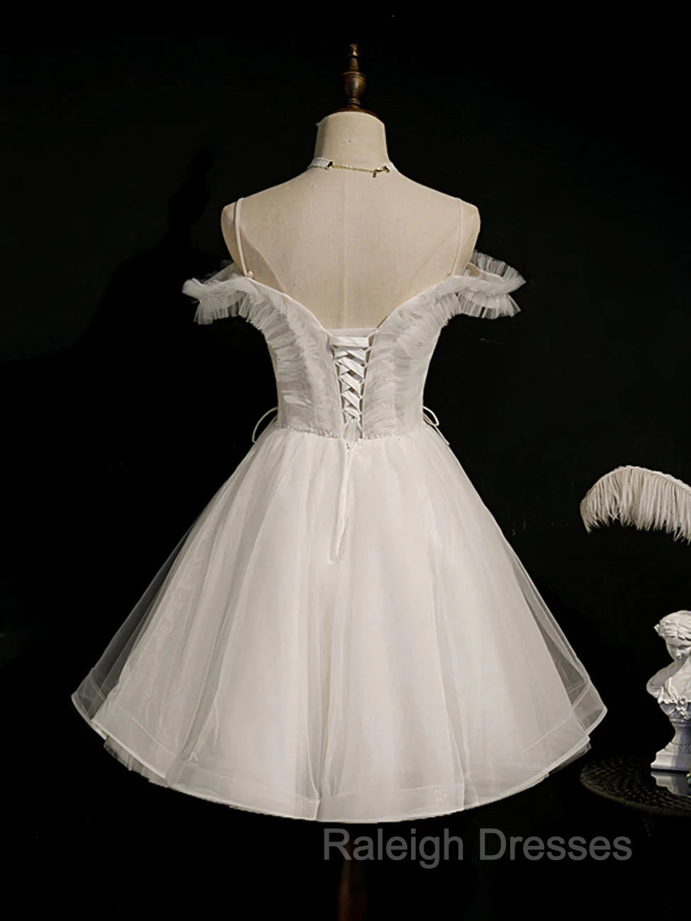 Cute White Tulle Short Party Dress with Lace, Off Shoulder Homecoming Dresses