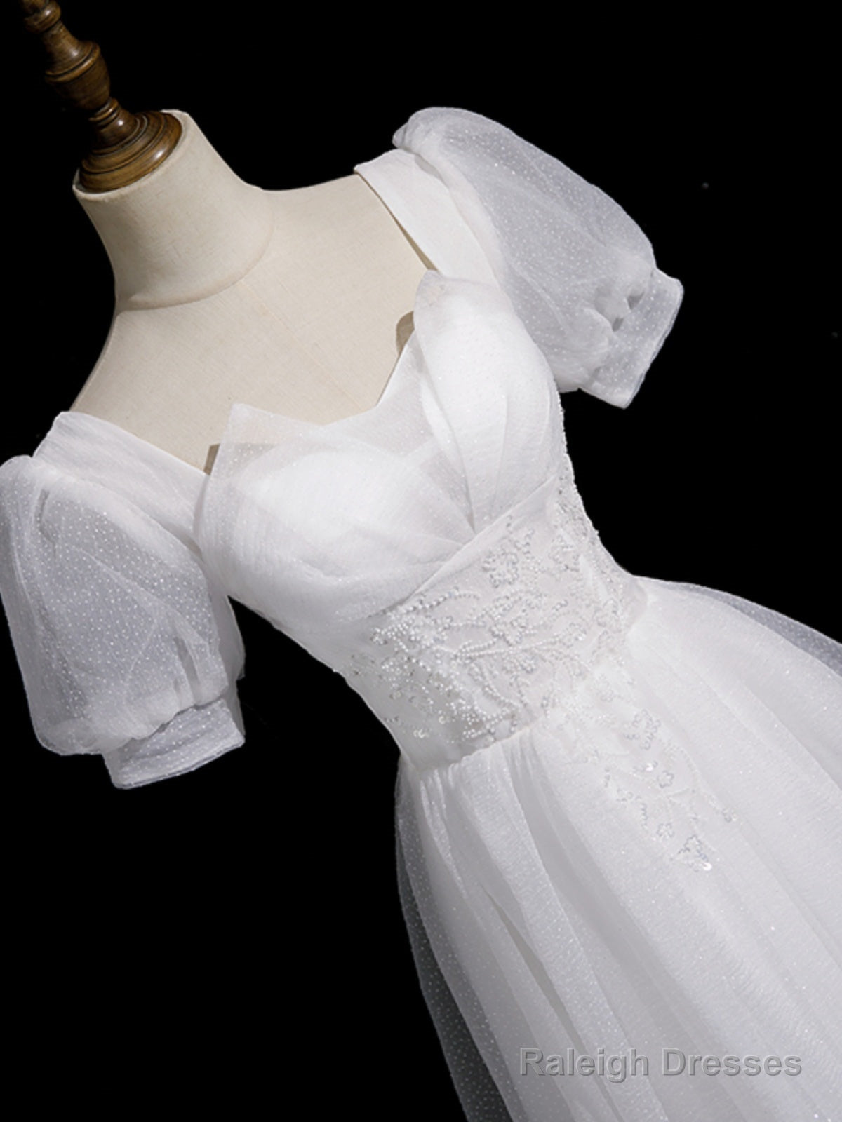 Cute White Tulle Short Sleeves Beaded Party Dress, A-Line White Tulle Formal Dress Secondary image