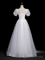 Cute White Tulle Short Sleeves Beaded Party Dress, A-Line White Tulle Formal Dress