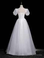Cute White Tulle Short Sleeves Beaded Prom Dresses A-Line White Tulle Prom Dresses