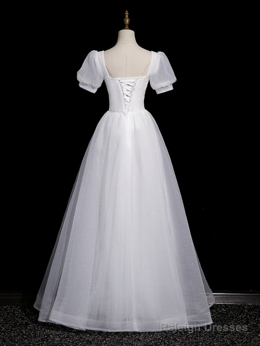 Cute White Tulle Short Sleeves Beaded Prom Dresses A-Line White Tulle Prom Dresses