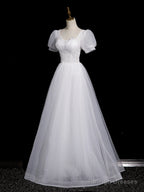 Cute White Tulle Short Sleeves Beaded Prom Dresses A-Line White Tulle Prom Dresses