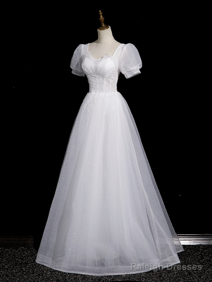 Cute White Tulle Short Sleeves Beaded Prom Dresses A-Line White Tulle Prom Dresses