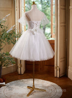 Cute White Tulle with Lace Short Prom Dress, White Graduation Dress