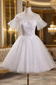 Cute White Tulle with Lace Short Prom Dress, White Graduation Dress