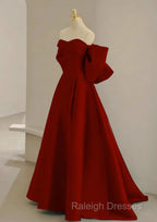Cute Wine Red Satin Off Shoulder Long Party Dress With Bow, Wine Red Prom Dress
