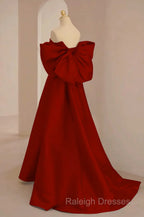 Cute Wine Red Satin Off Shoulder Long Party Dress With Bow, Wine Red Prom Dress