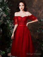 Cute Wine Red Tulle With Lace Tea Length Prom Dresses Wine Red Prom Dress