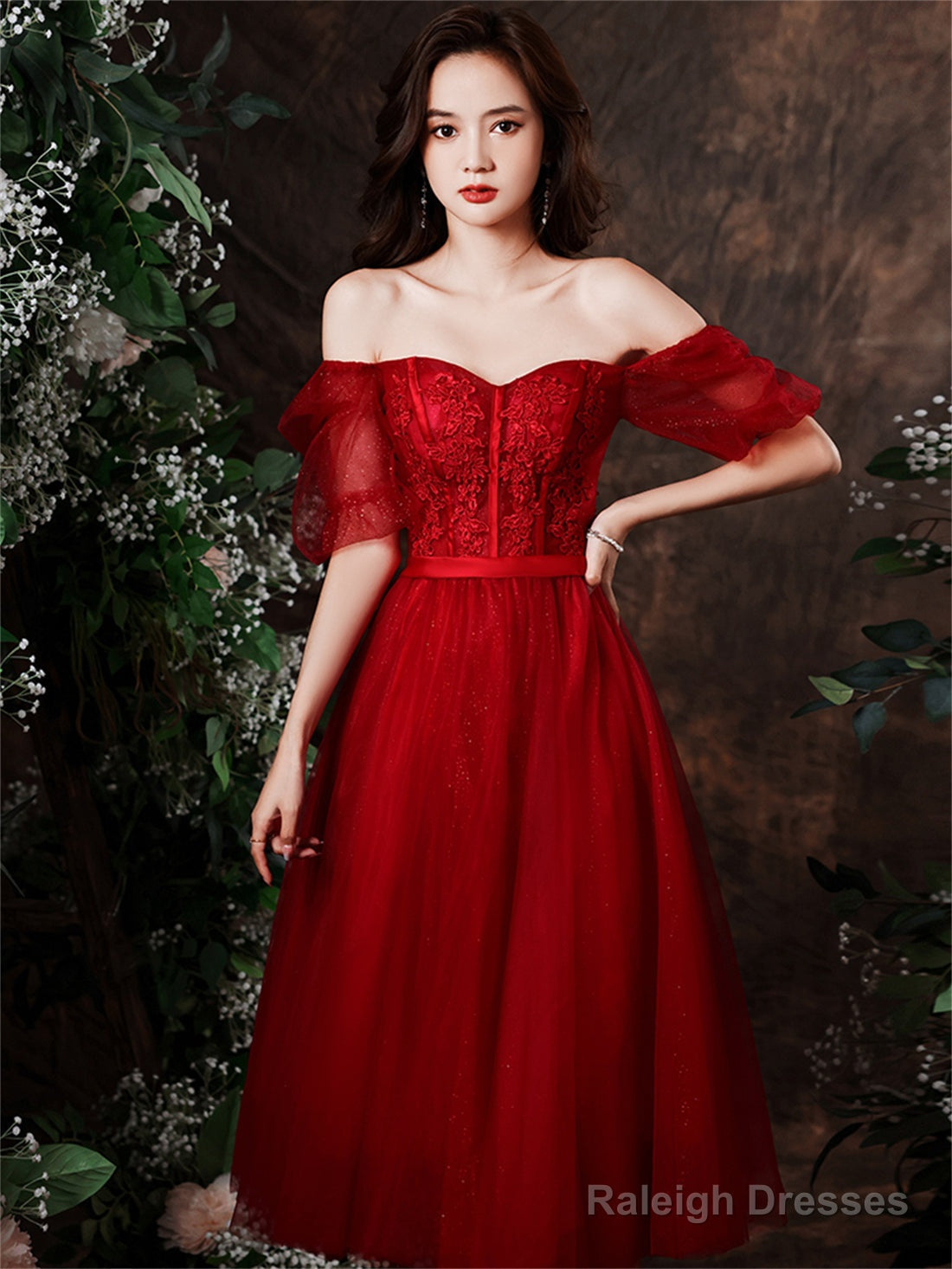 Cute Wine Red Tulle With Lace Tea Length Prom Dresses Wine Red Prom Dress