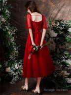 Cute Wine Red Tulle With Lace Tea Length Prom Dresses Wine Red Prom Dress