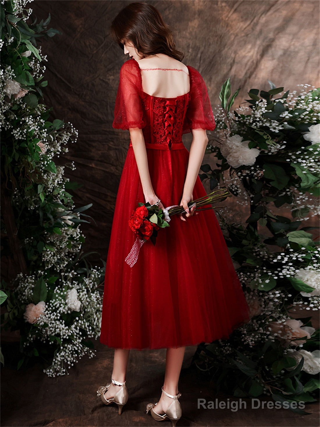 Cute Wine Red Tulle With Lace Tea Length Prom Dresses Wine Red Prom Dress