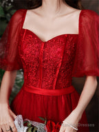 Cute Wine Red Tulle With Lace Tea Length Formal Dress, Wine Red Evening Dresses