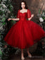 Cute Wine Red Tulle With Lace Tea Length Prom Dresses Wine Red Prom Dress