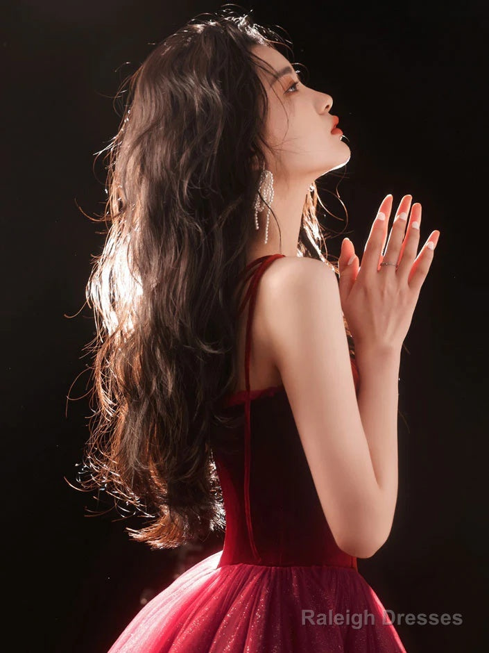 Cute Wine Red Velvet And Tulle Homecoming Dress, Wine Red Straps Party Dress