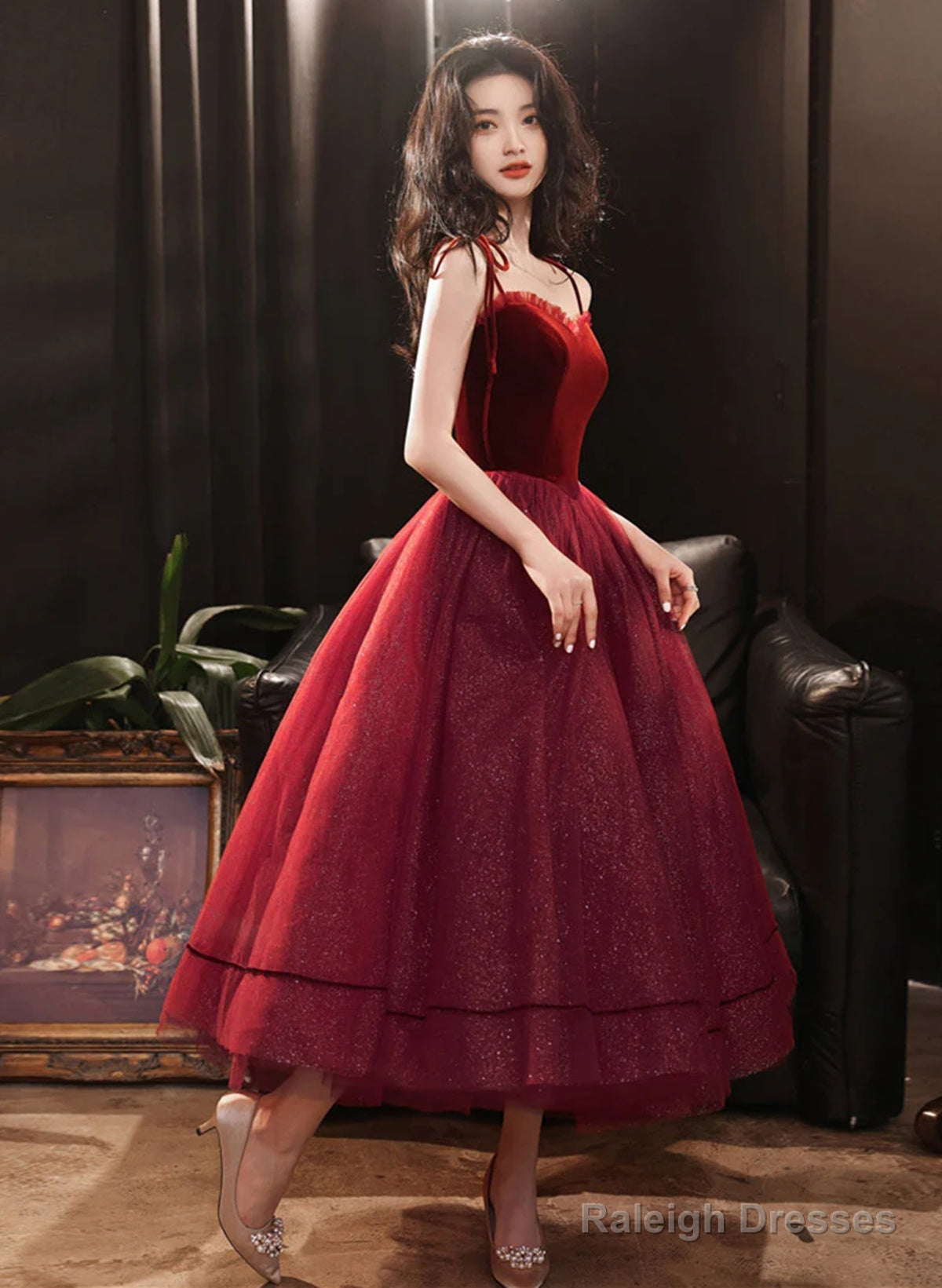 Cute Wine Red Velvet And Tulle Homecoming Dress, Wine Red Straps Party Dress Main image