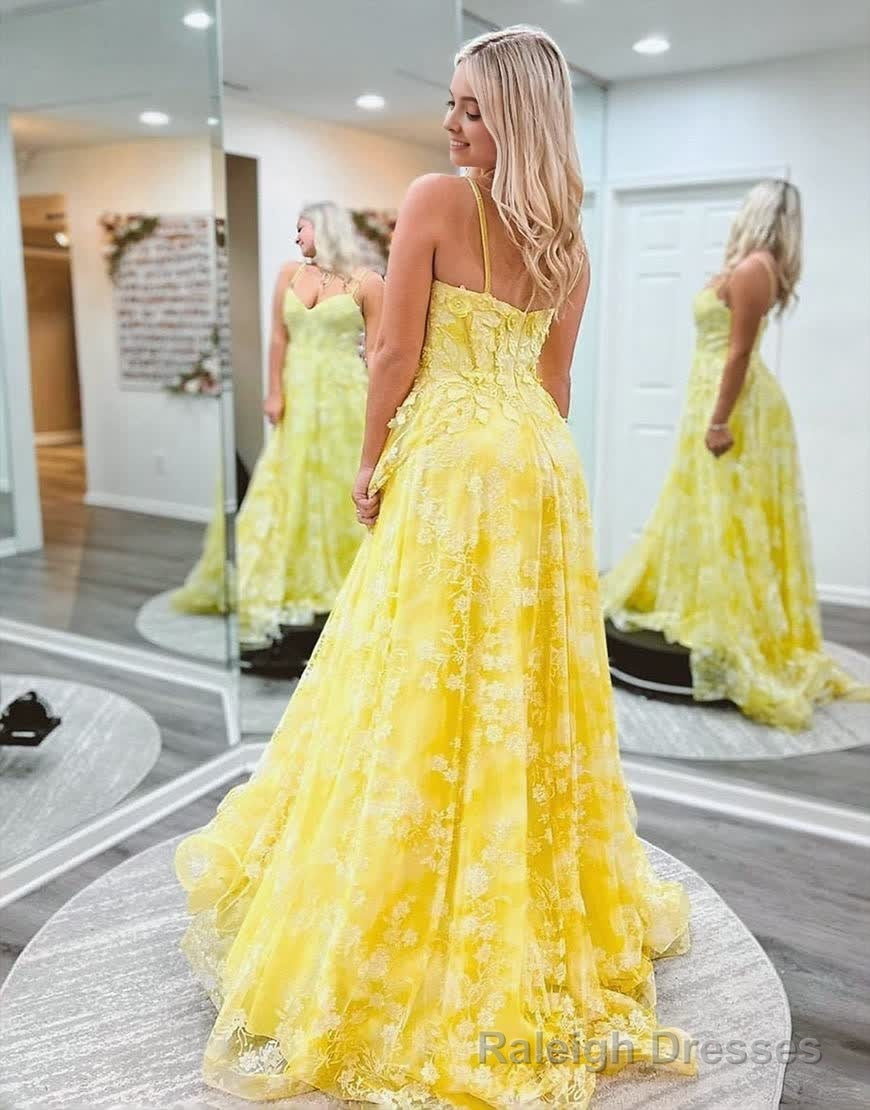 Cute Yellow A-Line Spaghetti Straps Long Prom Dress With Appliques Secondary image