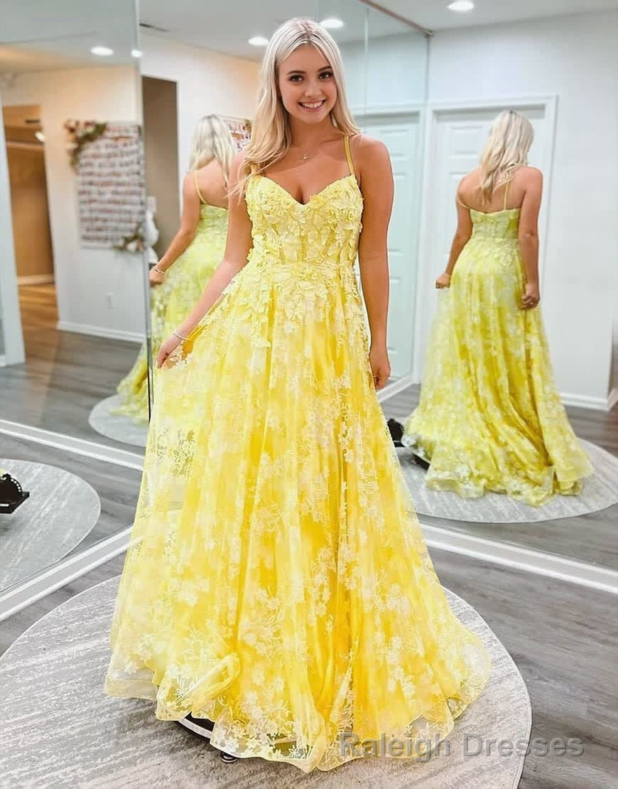 Cute Yellow A-Line Spaghetti Straps Long Prom Dress With Appliques Main image