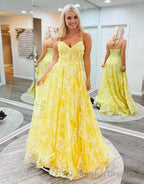 Cute Yellow A-Line Spaghetti Straps Long Prom Dress With Appliques
