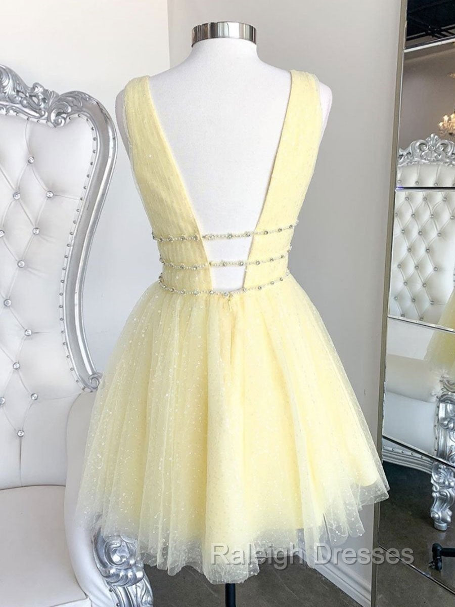 Cute Yellow V Neck Tulle Beads Short Prom Dress Yellow Homecoming Dress