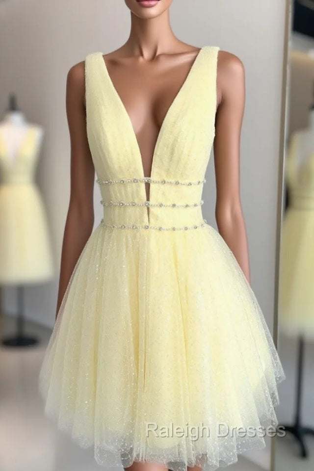 Cute Yellow V Neck Tulle Beads Short Prom Dress Yellow Homecoming Dress