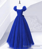 Cute Tulle Long Prom Dress with Bow, Royal Blue Short Sleeve Evening Party Dress