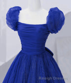 Cute Tulle Long Prom Dress with Bow, Royal Blue Short Sleeve Prom Prom Dress
