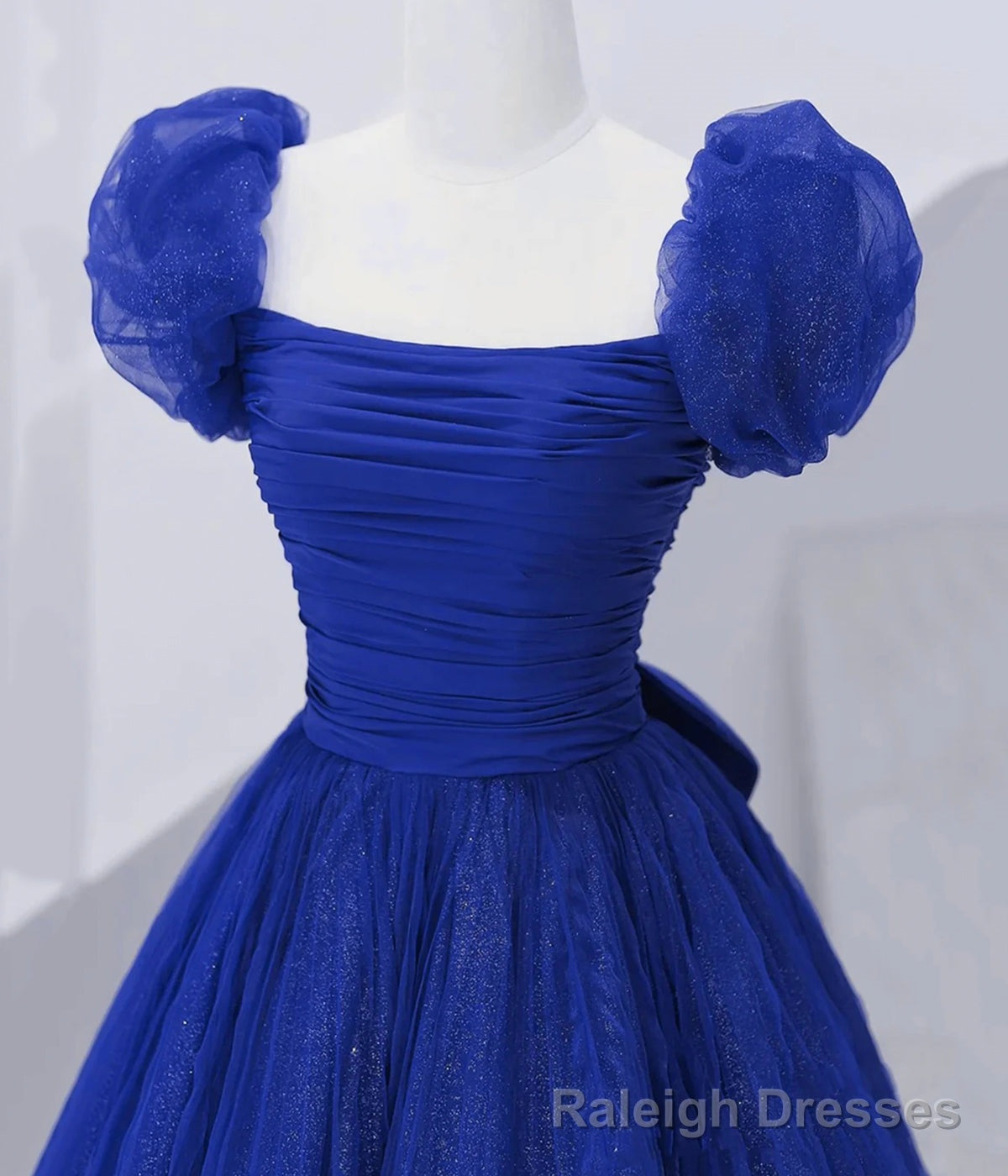 Cute Tulle Long Prom Dress with Bow, Royal Blue Short Sleeve Prom Prom Dress
