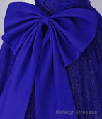 Cute Tulle Long Prom Dress with Bow, Royal Blue Short Sleeve Evening Party Dress