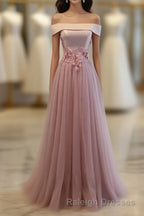 Pink A Line Off Shoulder Floor Length Prom Dress, Lace Evening Dress
