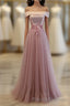 Pink A Line Off Shoulder Floor Length Prom Dresses Lace Prom Dresses