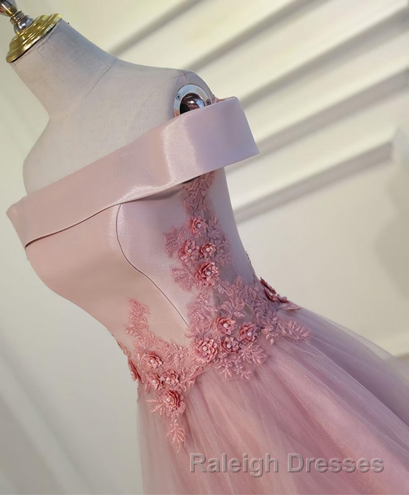 Pink A Line Off Shoulder Floor Length Prom Dresses Lace Prom Dresses