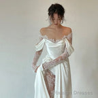Ivory Lace Satin Wedding Dresses, Off The Shoulder Bridal Dresses