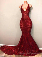 Red Sequins Shiny V Neck Mermaid Long Prom Dress